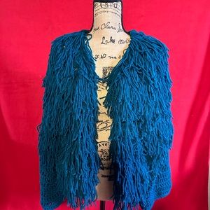 Blue fringe acrylic knit jacket fits most